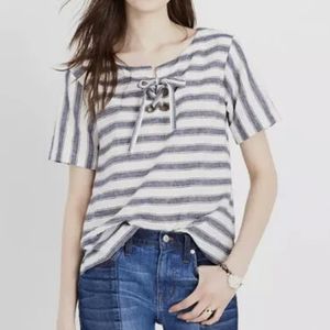 Madewell Linen Blend Short Sleeve Striped Lace Up Top Size Large